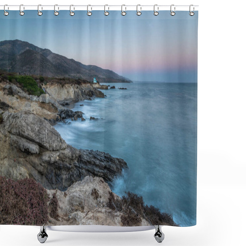 Personality  Waves Crash Against Rocky Cliffs During Twilight At Leo Carrillo State Beach, Highlighting The Natural Beauty Of Malibu In California. Shower Curtains