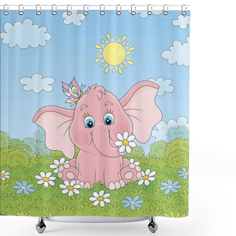 Personality  Little Pink Elephant Playing With A Funny Butterfly Among White Flowers On Green Grass On A Sunny Summer Day, Vector Illustration In A Cartoon Style Shower Curtains