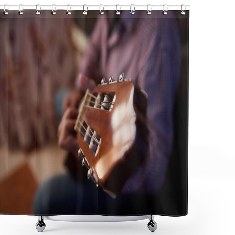 Personality  A Close View Highlighting The Guitar Head And Tuning Pegs As Someone Plays It In An Indoor Setting. The Image Conveys A Sense Of Musical Passion, Concentration, And Creativity. Shower Curtains