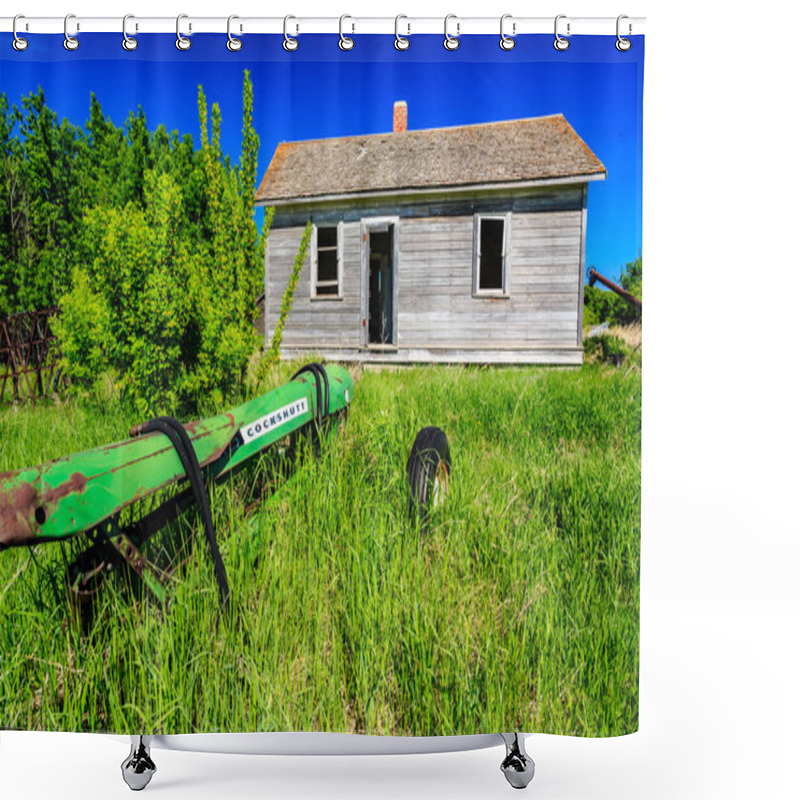 Personality  A Green Tractor Is Sitting In A Field Next To A House. The House Is Old And Run Down Shower Curtains