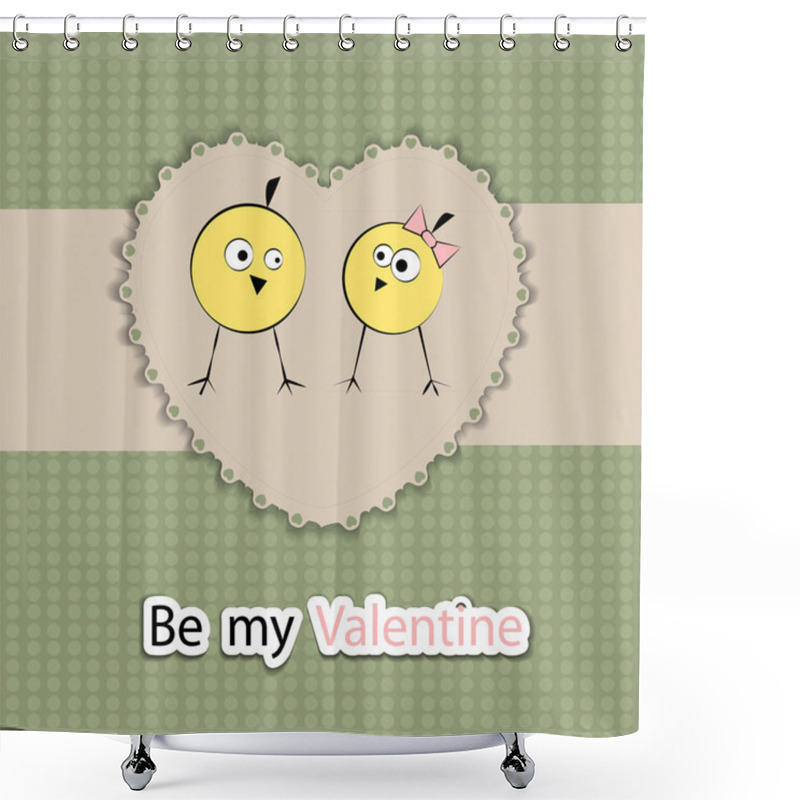 Personality  Greeting Card With Cute Birds On Floral Heart Shape Background For Valentines Day. Shower Curtains