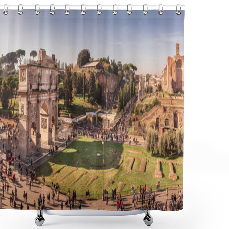 Personality  The South Side Of The Arch Of Constantine And Temple Of Venus And Rome In Rome, Italy. Panoramic Taken From The Coliseum On A Sunny Early Afternoon Shower Curtains