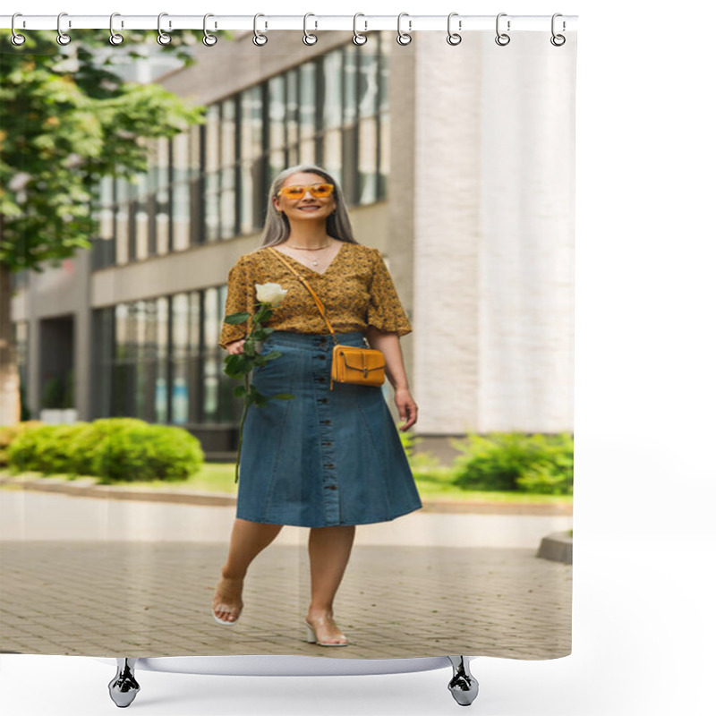 Personality  Happy Asian Woman In Denim Skirt And Patterned Blouse Walking With White Rose Outdoors Shower Curtains