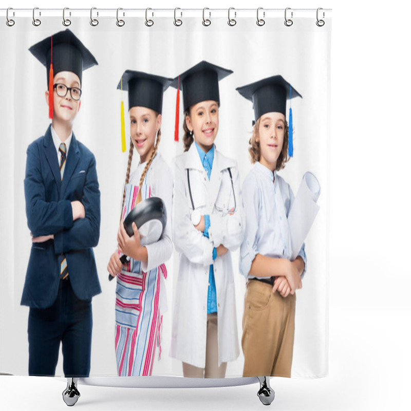 Personality  Schoolchildren In Costumes Of Different Professions And Graduation Caps Isolated On White Shower Curtains