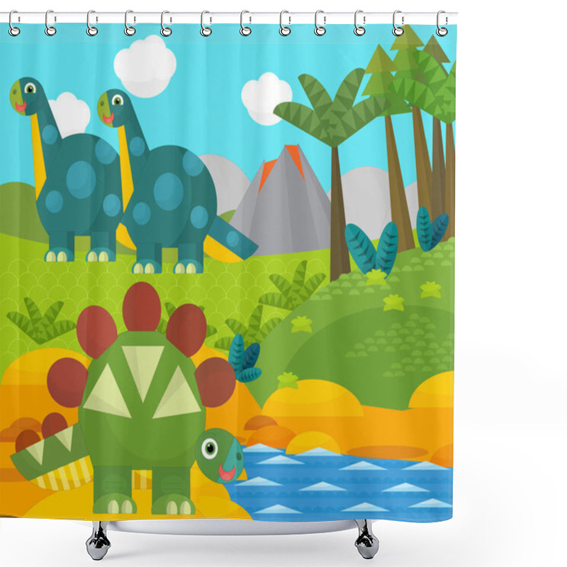 Personality  Cartoon Happy Dinosaur Near Some River And Volcano - Illustration For Children Shower Curtains