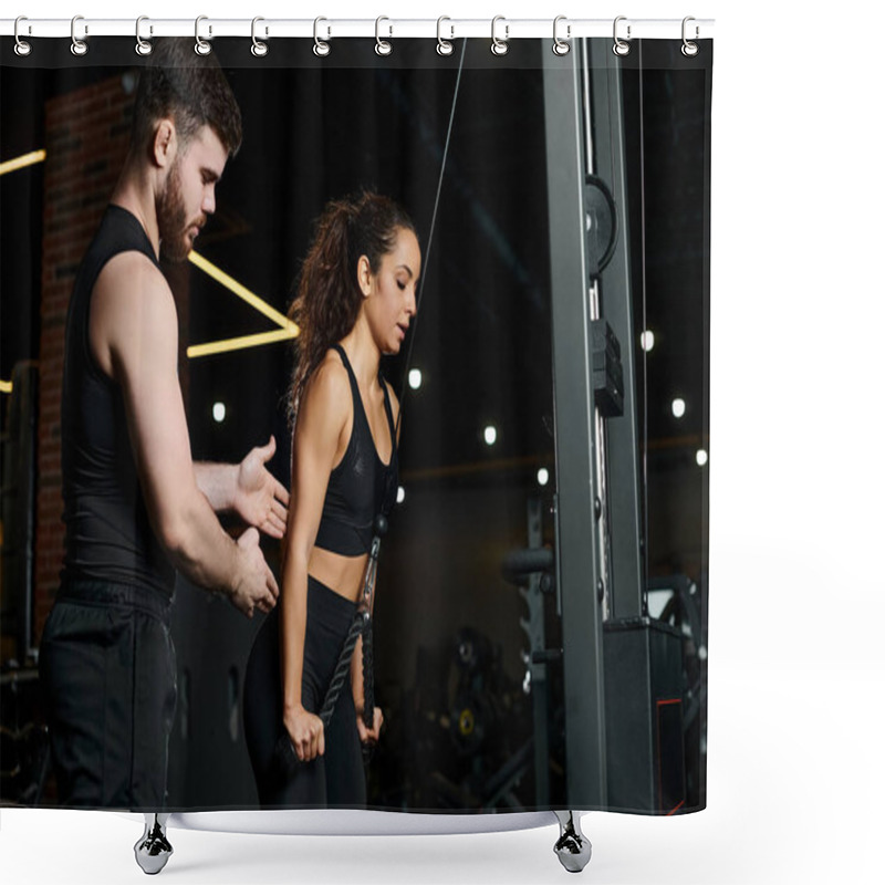 Personality  A Personal Trainer Stands Next To A Brunette Sportswoman In A Gym, Guiding And Supporting Her During Workout Sessions. Shower Curtains