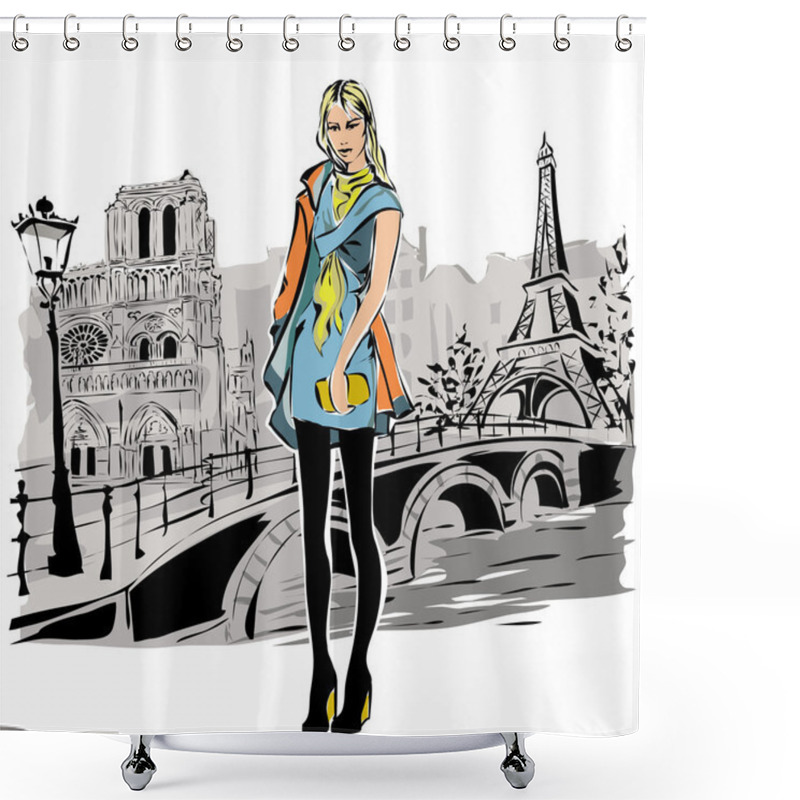 Personality  Fashion Models In Sketch Style Fall Winter With Paris City Background Shower Curtains