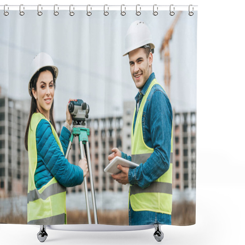 Personality  Smiling Surveyors With Digital Level And Tablet Looking At Camera Shower Curtains