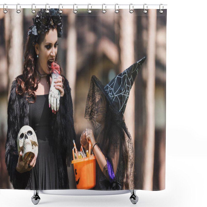 Personality  Woman In Vampire Halloween Costume Scaring Daughter With Toy Hand Shower Curtains