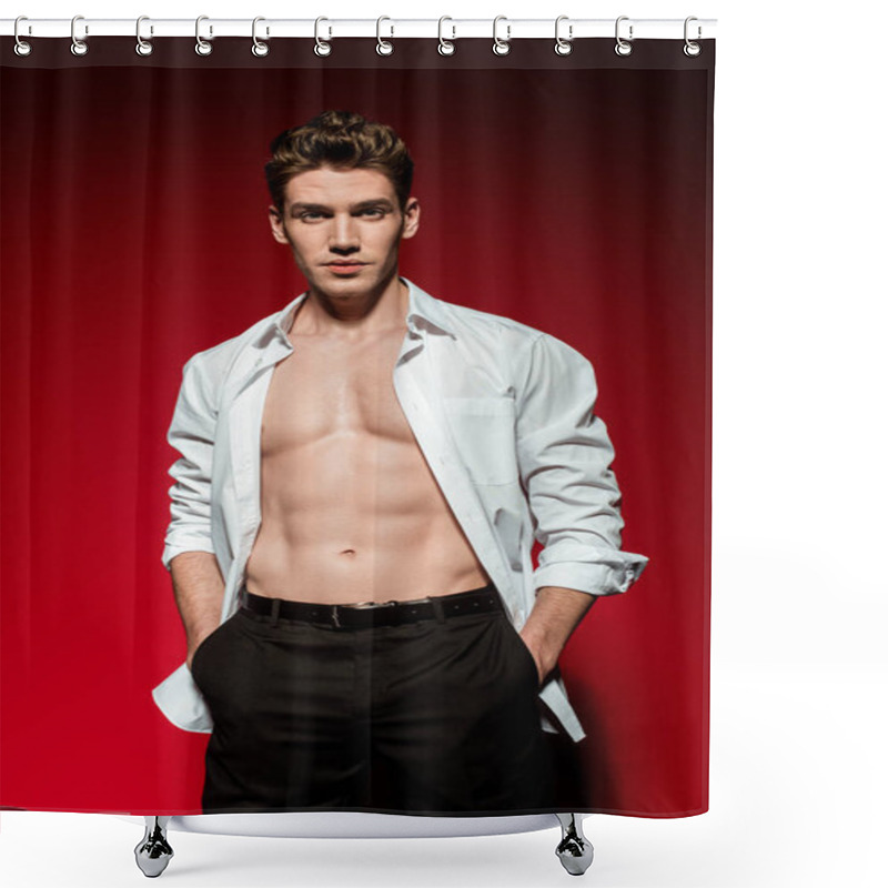 Personality  Sexy Young Elegant Man In Unbuttoned Shirt With Muscular Bare Torso And Hands In Pockets On Red Background Shower Curtains