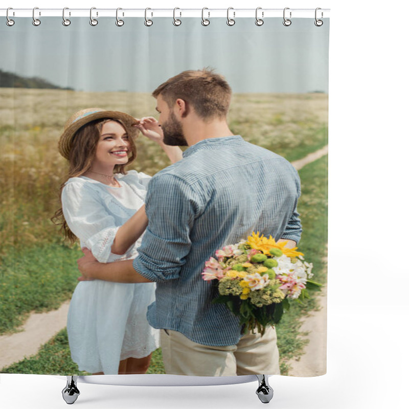 Personality  Man Hiding Bouquet Of Wild Flowers For Smiling Girlfriend Behind Back In Summer Field Shower Curtains