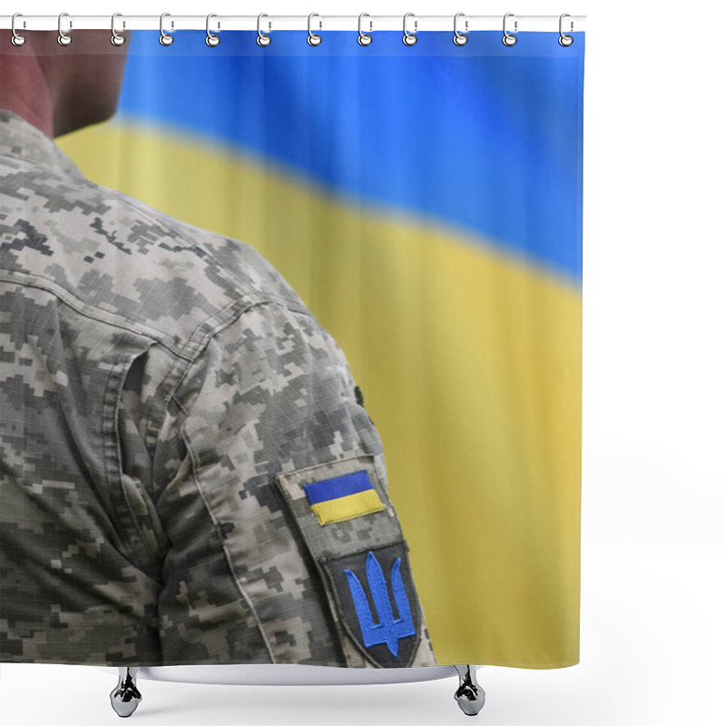 Personality  Armed Forces Of Ukraine. Ukrainian Soldier. Ukrainian In Army. Ukrainian Flag On Military Uniform.  Shower Curtains