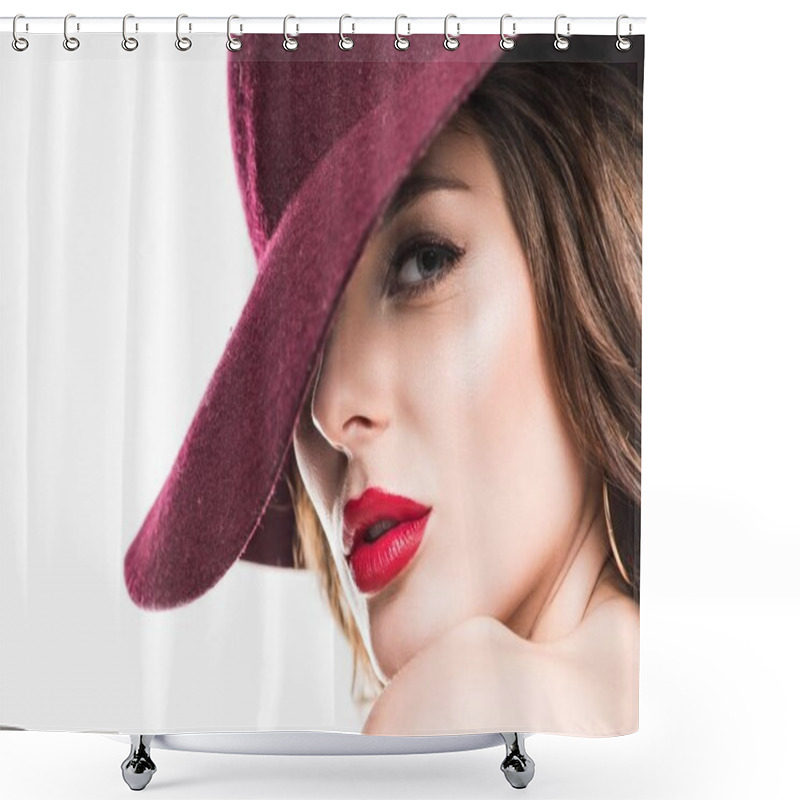 Personality  Headshot Of Attractive Girl In Burgundy Hat Looking At Camera Isolated On White Shower Curtains