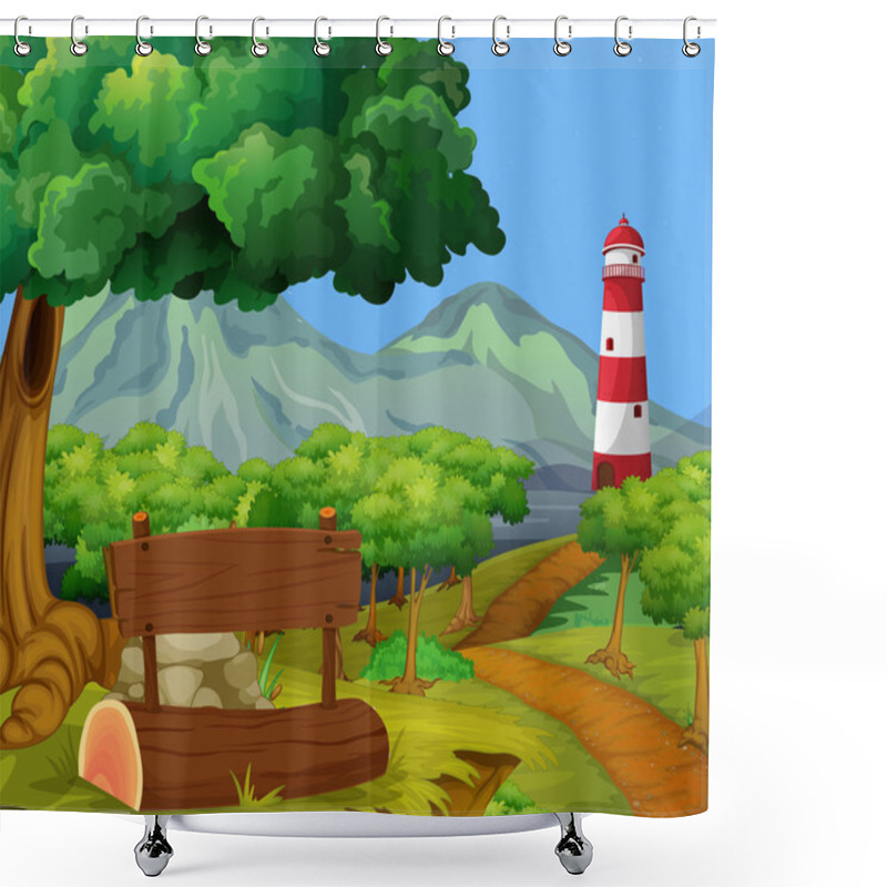 Personality  Scene With Forest And Lighthouse Shower Curtains