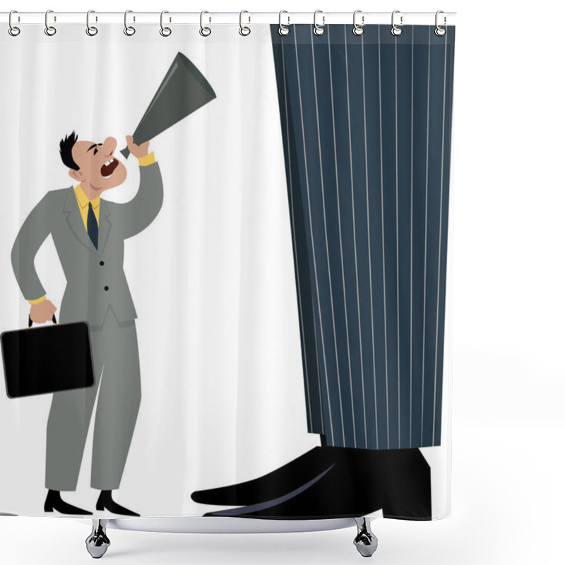 Personality  Small Businessman Yelling In A Bullhorn Trying To Attract Attention Of A Giant Businessman, A Boss, Management Or Big Organization, EPS 8 Vector Illustration Shower Curtains