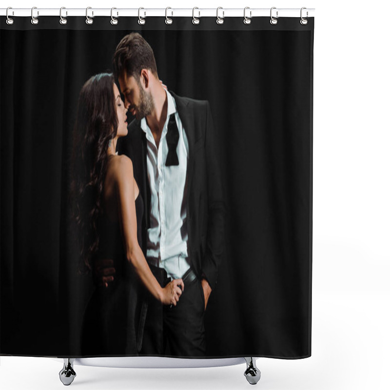 Personality  Passionate Girl Touching Belt Of Man Standing With Hand In Pocket Isolated On Black  Shower Curtains