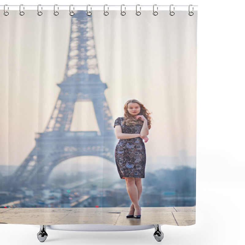 Personality  Beautiful Elegant Parisian Woman Near The Eiffel Tower Shower Curtains