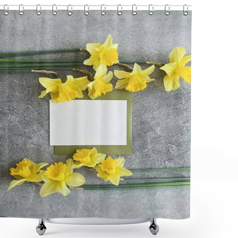 Personality  Bright Yellow Daffodils Framing A Blank Card On A Textured Gray Background. Shower Curtains