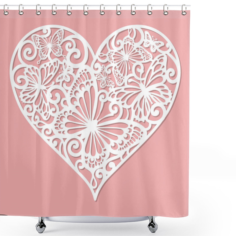 Personality  A Template For Laser Cutting. Openwork Heart Made Of Butterflies. For Cutting From Paper, Wood, Metal. Vector Shower Curtains