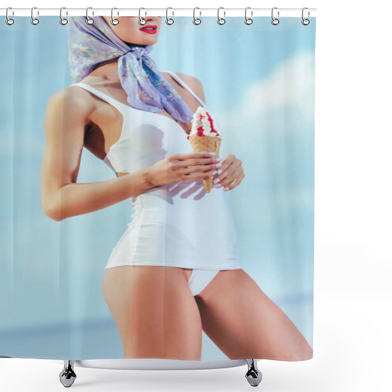 Personality  Cropped View Of Attractive Girl In Retro Swimwear And Silk Scarf Holding Ice Cream In Waffle Cone Shower Curtains