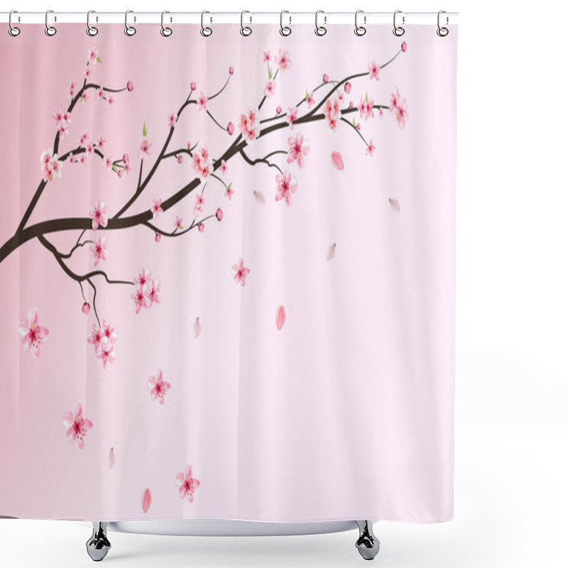 Personality  Realistic Cherry Blossom Branch. Pink Sakura Flower Falling. Sakura With Blooming Watercolor Flower. Cherry Blossom Leaves Falling. Japanese Cherry Blossom Vector. Watercolor Cherry Flower Vector. Shower Curtains