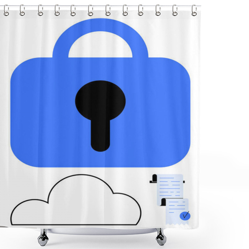 Personality  Blue Lock Icon With Keyhole, Cloud Symbol Below, And Documents With A Checkmark. Ideal For Cybersecurity, Data Protection, Privacy, Cloud Computing, Secure Storage Compliance Tech Services. Line Shower Curtains