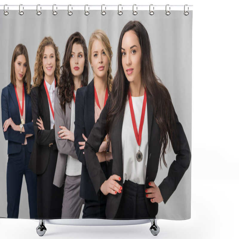 Personality  Selective Focus Of Attractive Young Businesswomen Standing With Medals Isolated On Grey  Shower Curtains