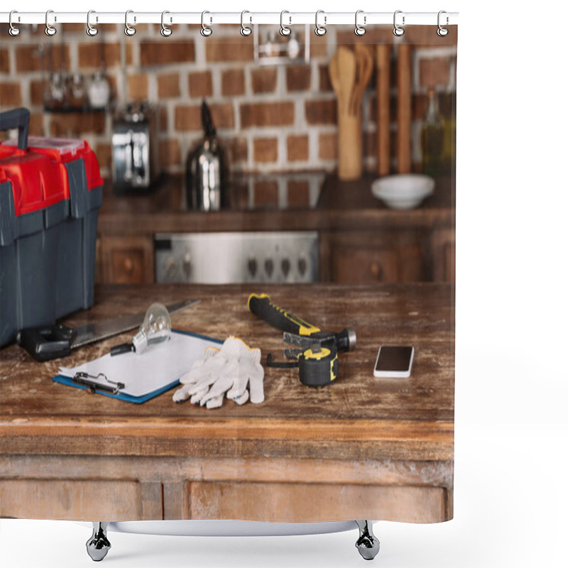 Personality  Close-up Shot Of Blank Clipboard With Various Tools On Wooden Table Shower Curtains