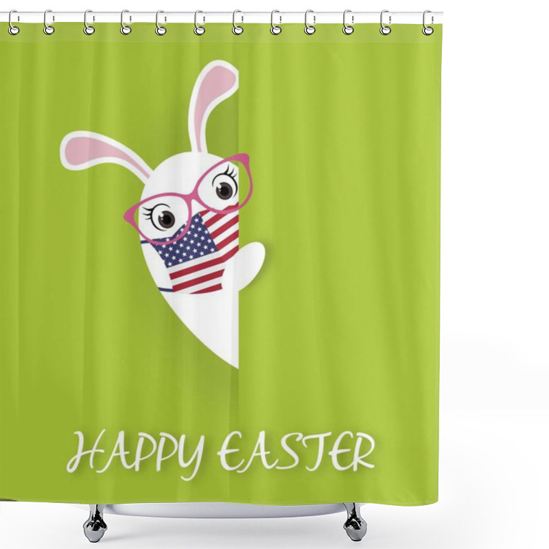 Personality  Cute Bunny Girl With American Protection Mask Holding Wall Signboard Behind Green Paper Background. Happy Corona Easter. Covid-19 Theme Shower Curtains