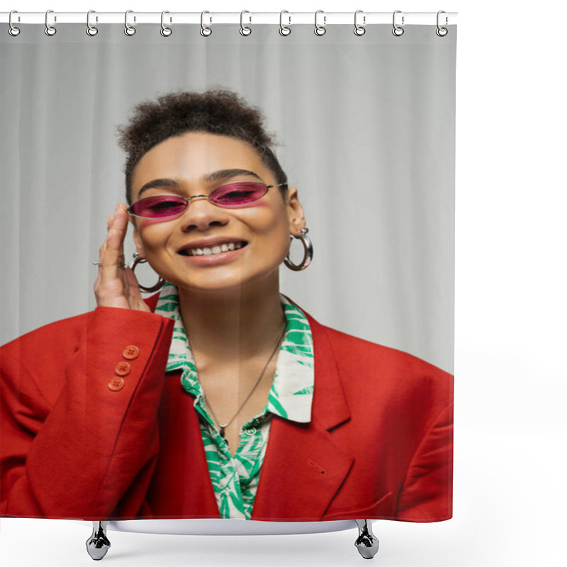 Personality  Happy And Stylish African American Woman In Trendy Sunglasses And Hoop Earrings On Grey Backdrop Shower Curtains