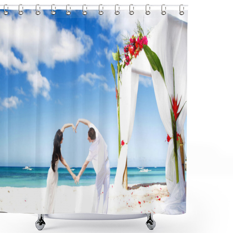 Personality  Loving Couple On Wedding Day On Tropical Beach Near Bamboo Arch  Shower Curtains