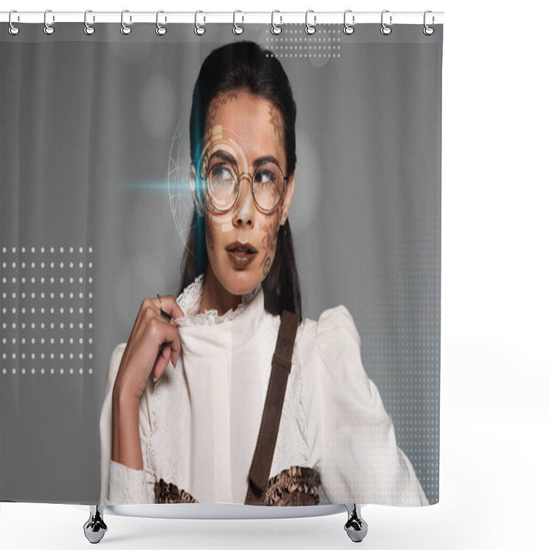 Personality  Pensive Steampunk Woman Looking Away Isolated On Grey With Digital Illustration Shower Curtains