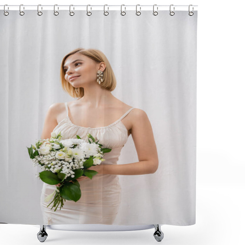 Personality  Attractive And Blonde Bride In Wedding Dress Holding Bouquet On Grey Background, White Flowers, Bridal Accessories, Happiness, Special Occasion,   Beautiful, Feminine, Blissful  Shower Curtains