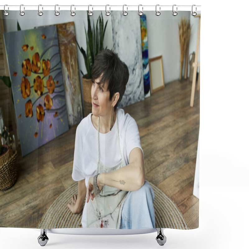 Personality  A Painter Calmly Enjoying Her Creative Space Surrounded By Artwork. Shower Curtains