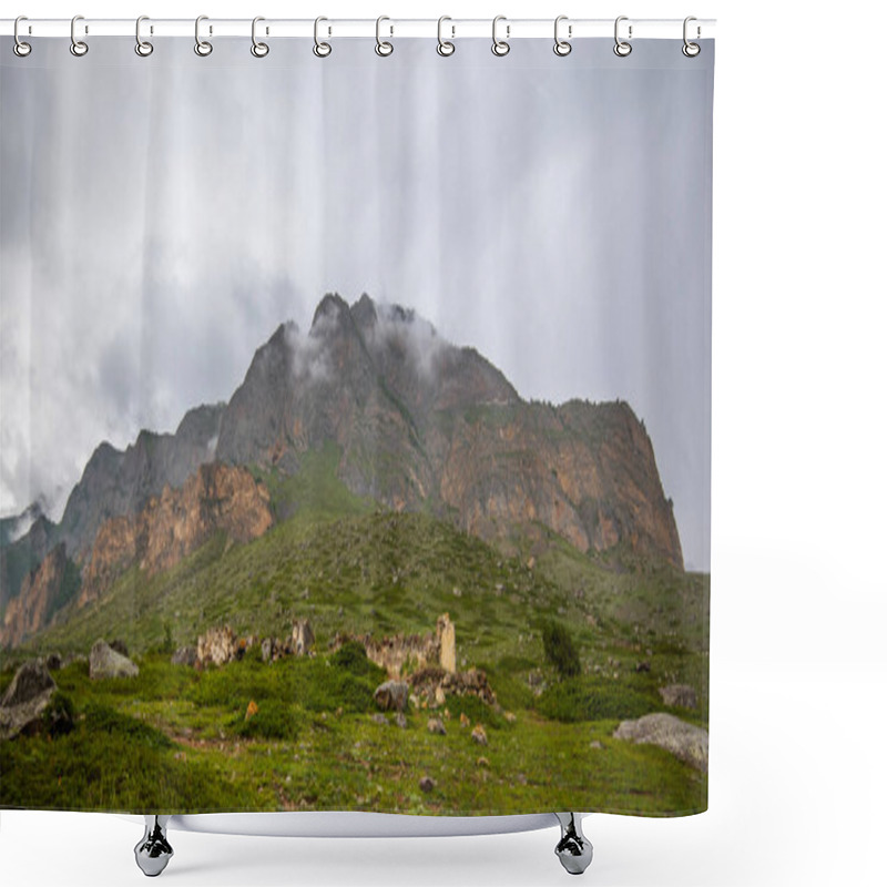 Personality  Alpine Meadows Leading To Rugged Mountain Peaks Shrouded In Mist, With A Trail Meandering Through The Green Expanse Under A Cloudy Sky Shower Curtains