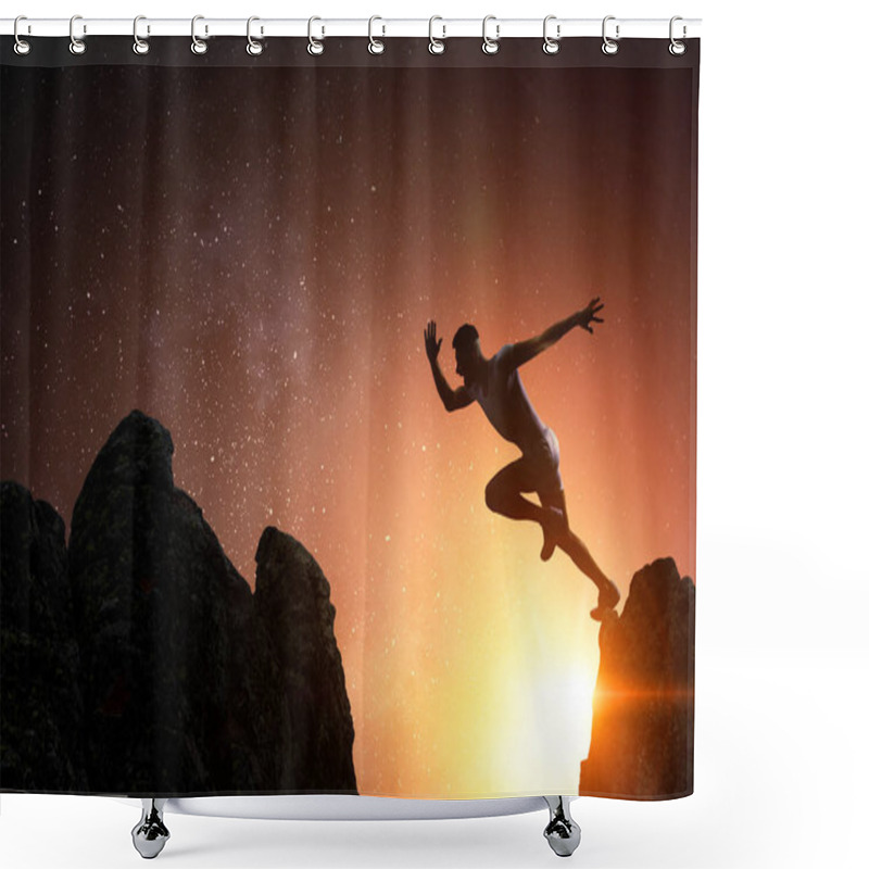 Personality  Jumping Over Precipice, Challenge Concept. Shower Curtains