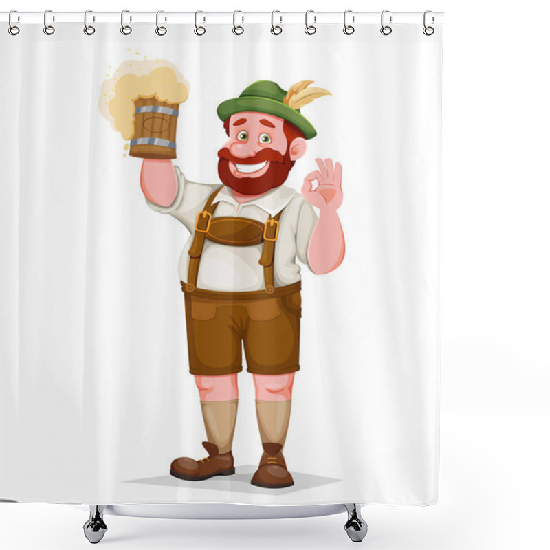 Personality  Man In Bavarian Clothes, Funny Cartoon Character. Munich Beer Festival Oktoberfest. Vector Illustration Shower Curtains