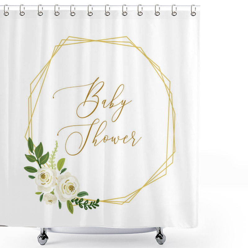 Personality  Cute Botanical Theme Geometric Frame Background With Bouquets Of Hand Drawn Rustic White Roses And Green Leaves Branches Shower Curtains