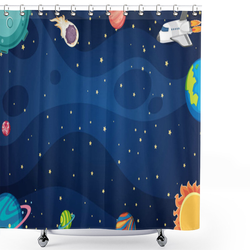 Personality  Background Template Design With Spaceship And Many Planets In Space Illustration Shower Curtains