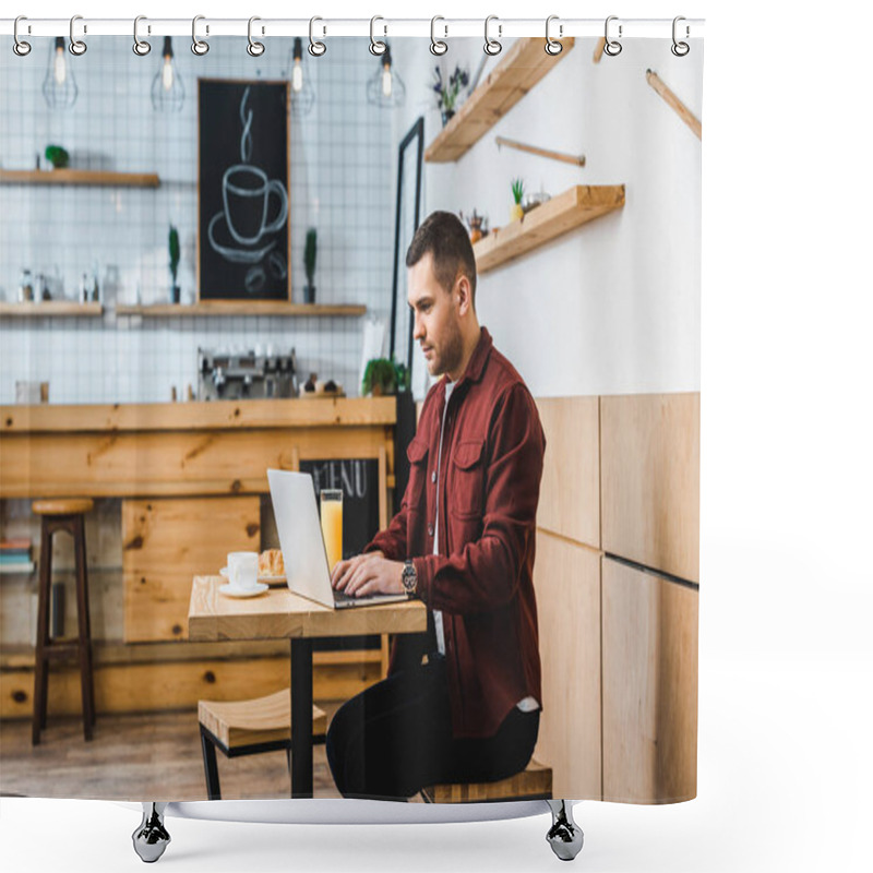 Personality  Handsome Freelancer Sitting At Table With Laptop In Coffee House Shower Curtains