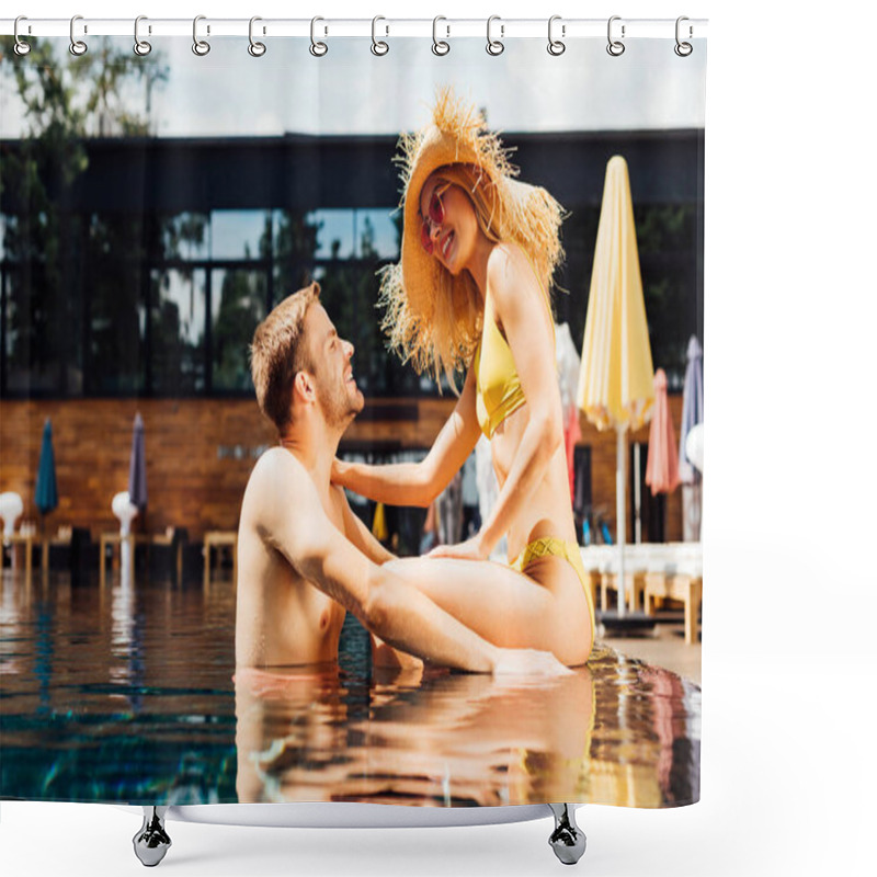 Personality  Sexy Happy Couple In Swimming Pool In Sunny Day Shower Curtains