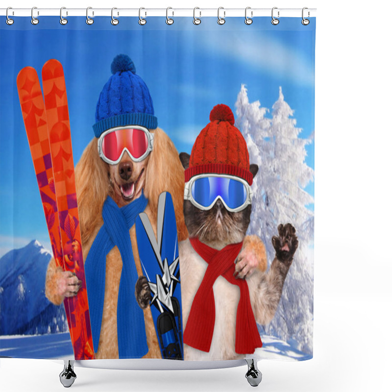 Personality  Dog With A Cat With Skis Shower Curtains