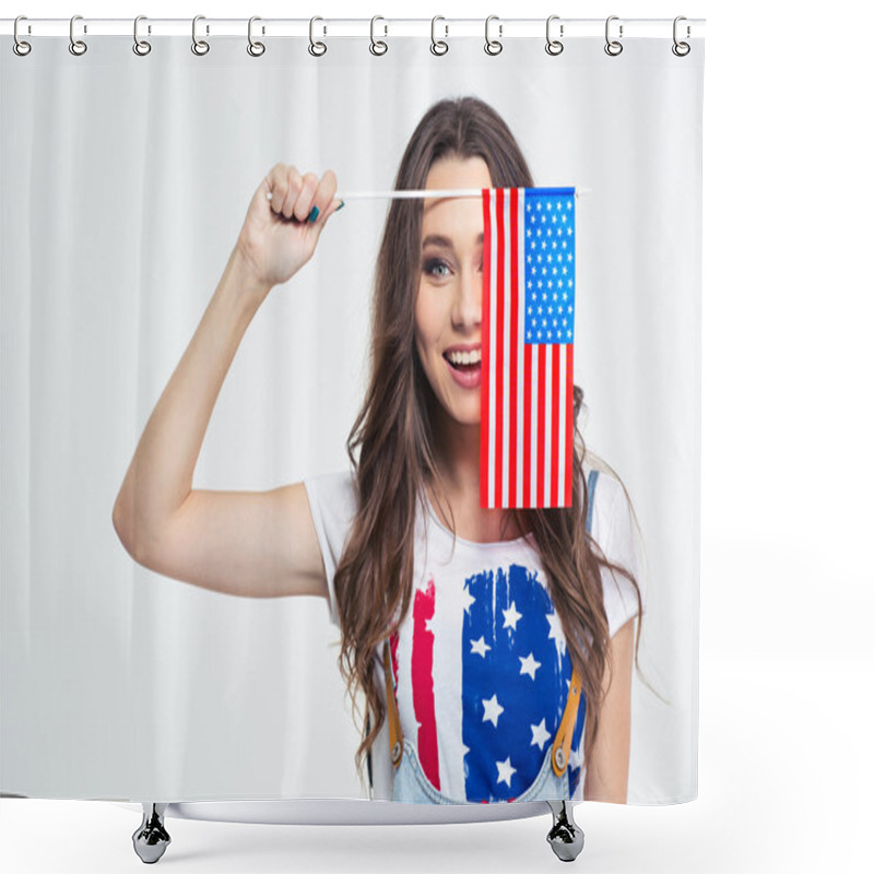 Personality  Smiling Woman Covering Her Eye With USA Flag Shower Curtains