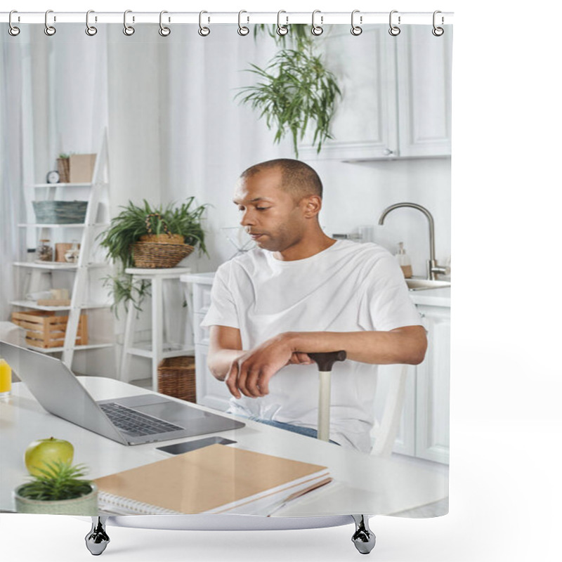 Personality  A Disabled African American Man With Myasthenia Gravis Syndrome Using A Laptop At A Table Shower Curtains