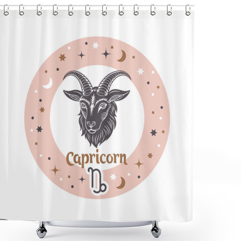 Personality  Capricorn Horoscope Sign. Element Of Zodiac Astrology. Esoteric Symbol For Logo Or Icon. Vector Shower Curtains