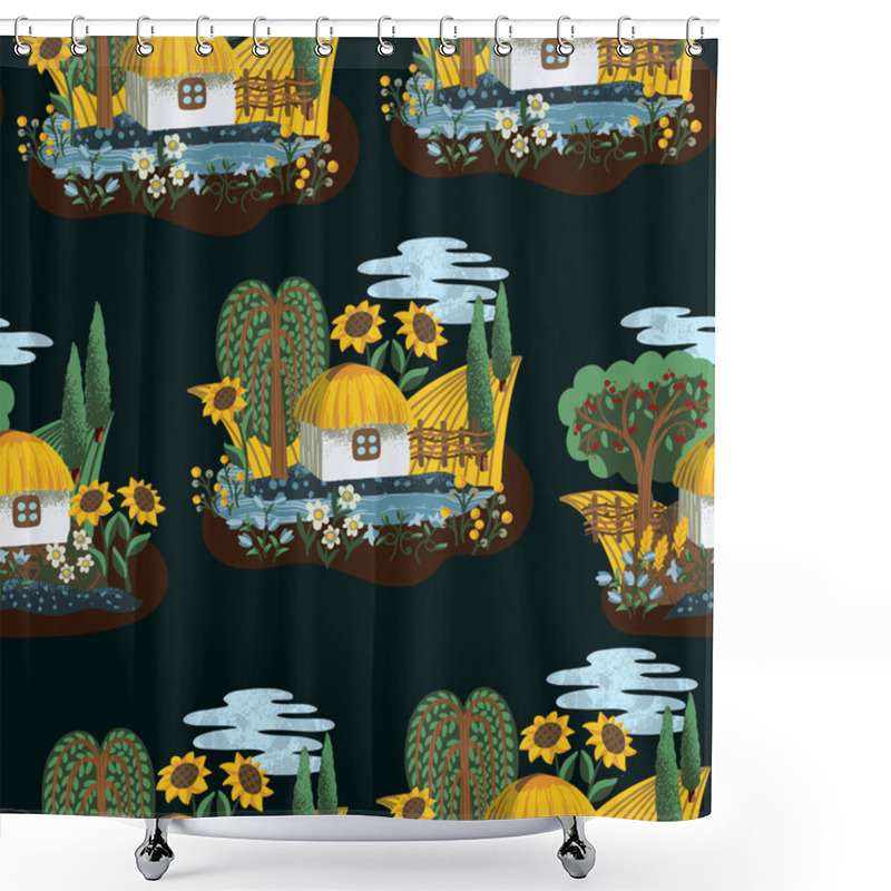 Personality  Seamless Pattern With Ukrainian Landscape, House And Flowers. Textile Vector. Shower Curtains