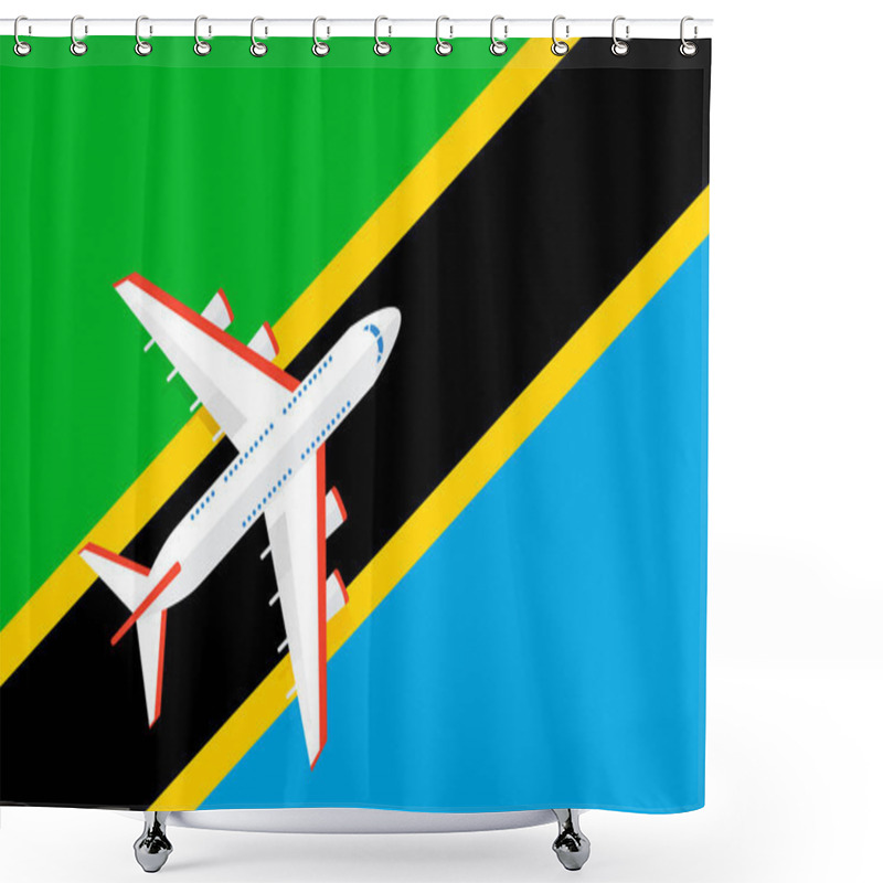 Personality  Vector Illustration Of A Passenger Plane Flying Over The Flag Of Tanzania. Concept Of Tourism And Travel Shower Curtains