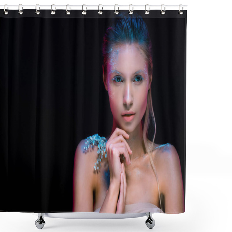 Personality  Beautiful Girl With Creative Winter Make Up Isolated On Black Shower Curtains