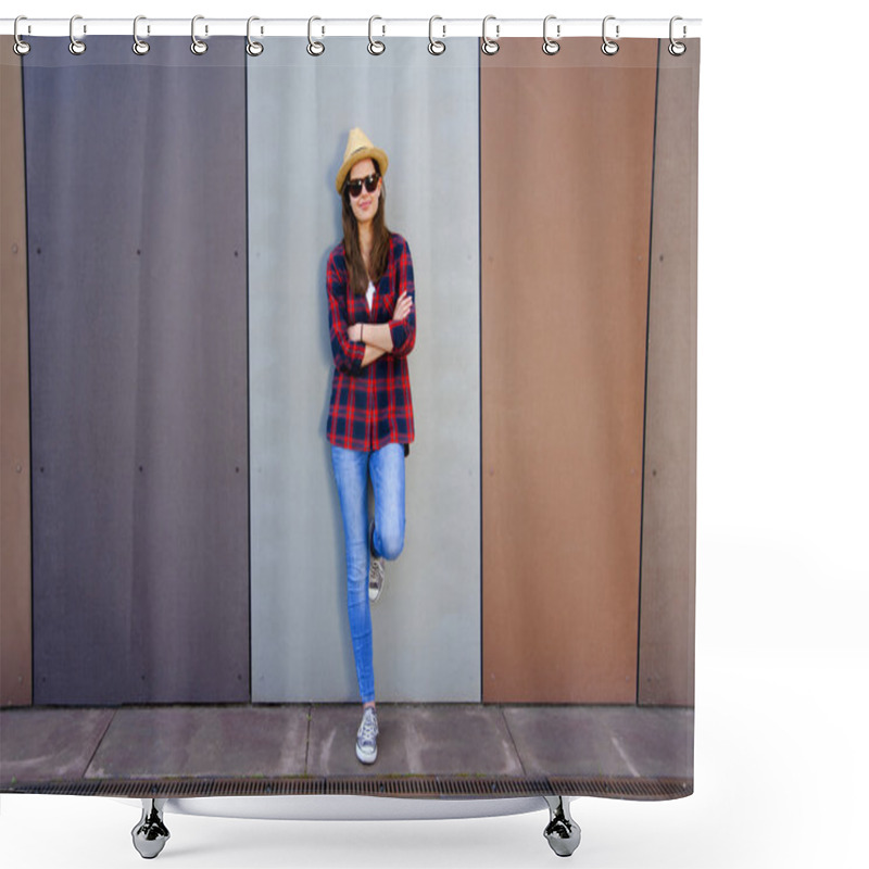 Personality  Beautiful Modern Girl Near The Wall. Youth Style. Fashion Shot. Shower Curtains