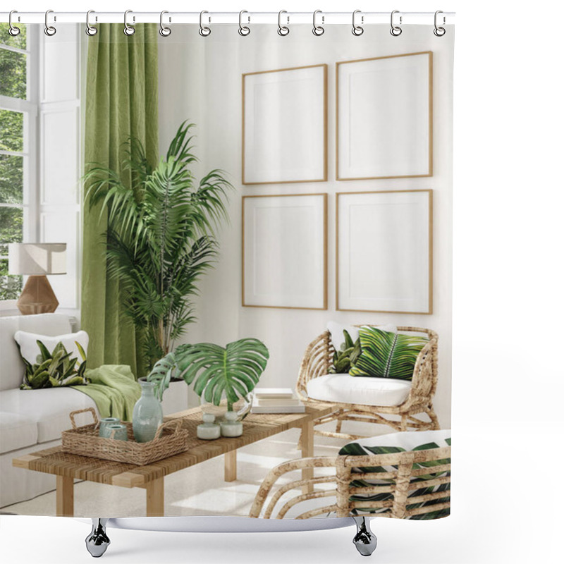 Personality  Home Interior With Rattan Chairs, Flowers And Poster Mockup, 3d Render Shower Curtains